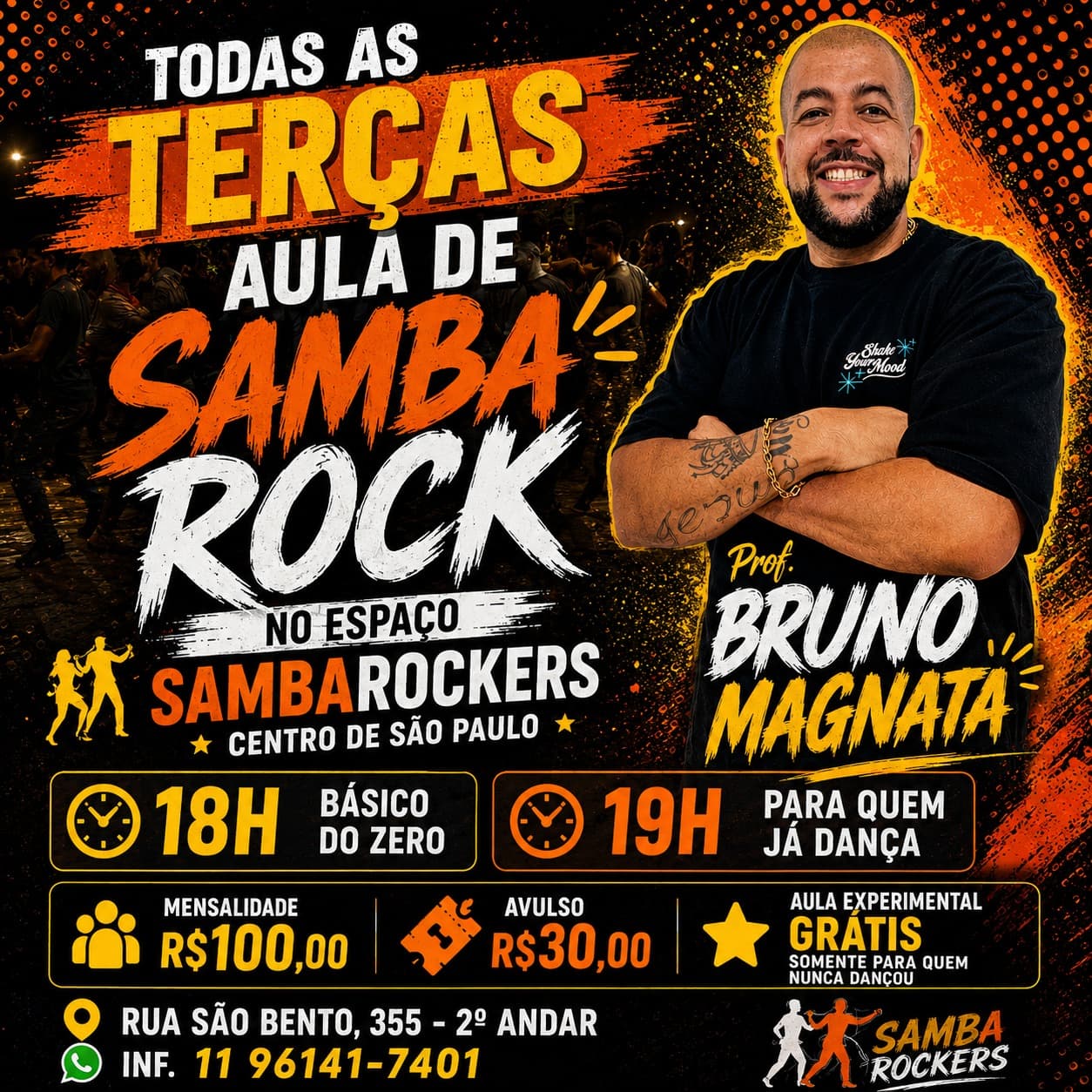 Flyer: Aula de Samba Rock - Prof. Bruno Magnata