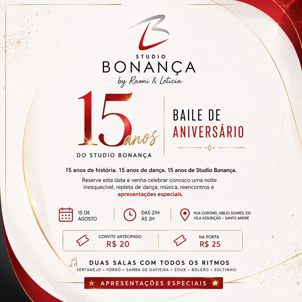 Flyer: Baile de Aniversário – 15 Anos do Studio Bonança